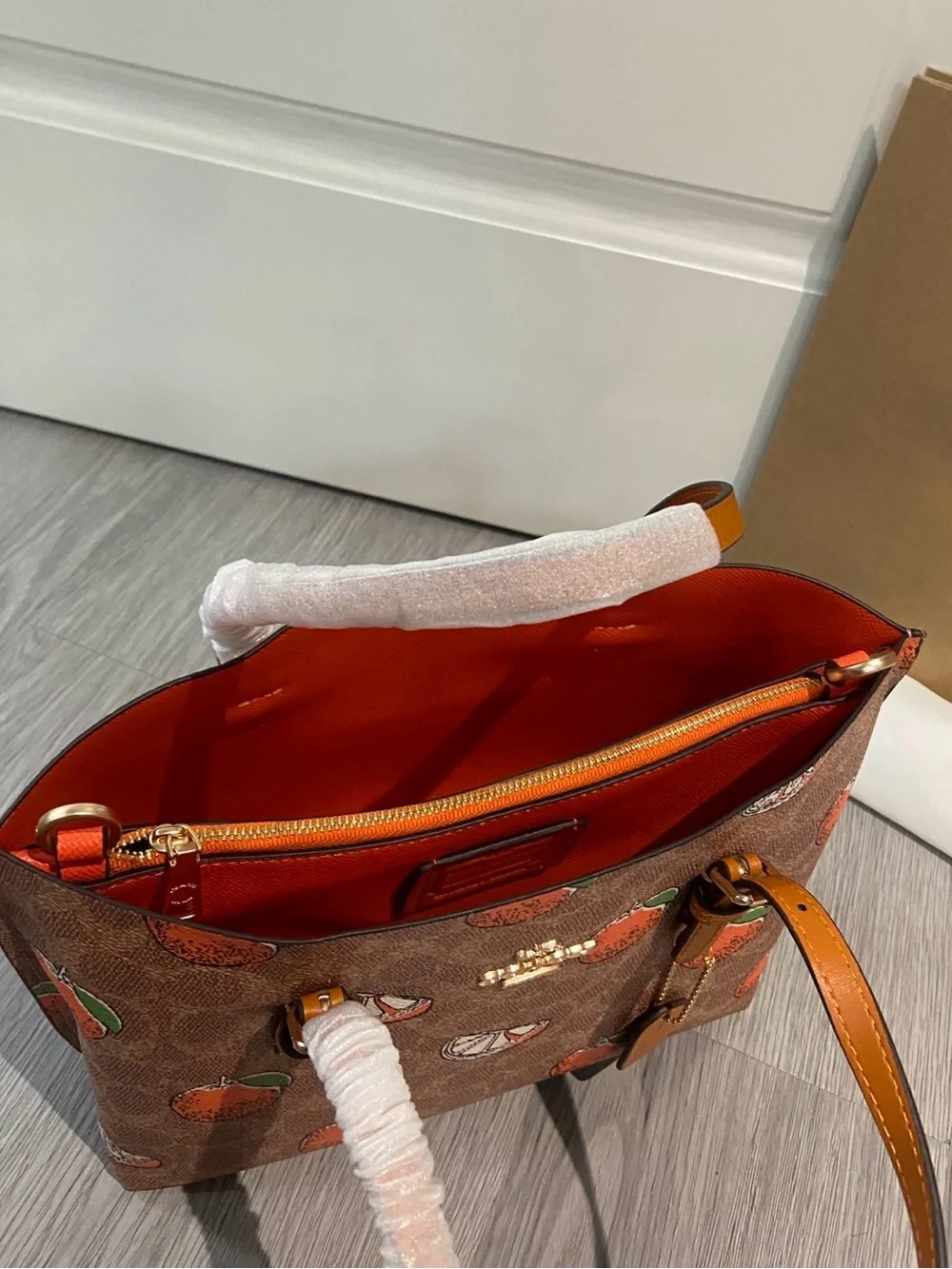 Coach Brown Monogram Tote with Orange Fruit Print